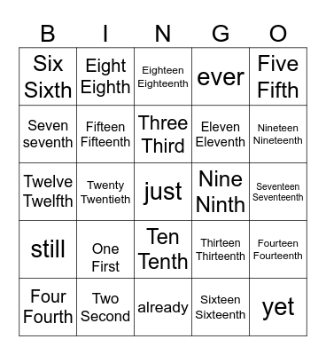 Ordinal and Cardinal Numbers Bingo Card