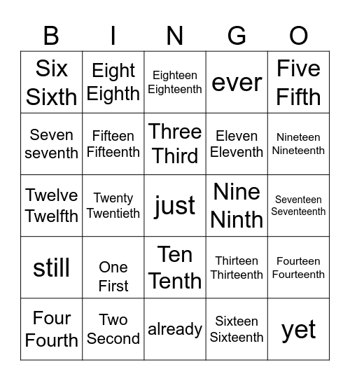 Ordinal and Cardinal Numbers Bingo Card