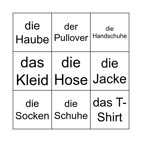 die Kleidung Bingo Card