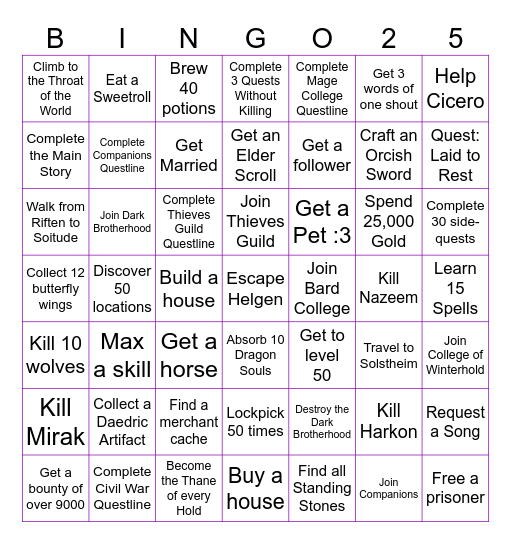 Skyrim Lockout Bingo Card