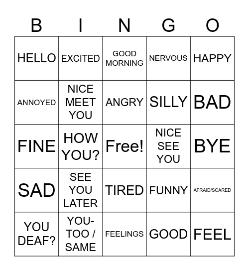 Feelings / Greetings Review Bingo Card