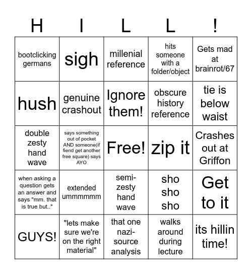 Hill Bingo Card