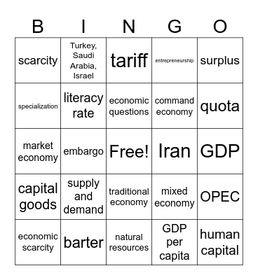 Economics of SW Asia Bingo Card