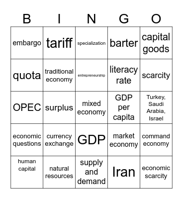 Economics of SW Asia Bingo Card