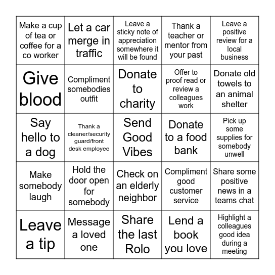 Kindness Bingo Card