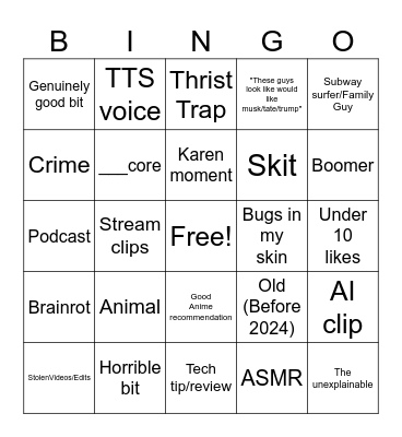 Tiktok stream Bingo Card