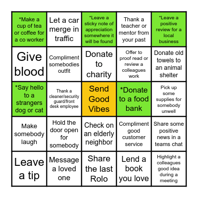 Kindness Bingo Card