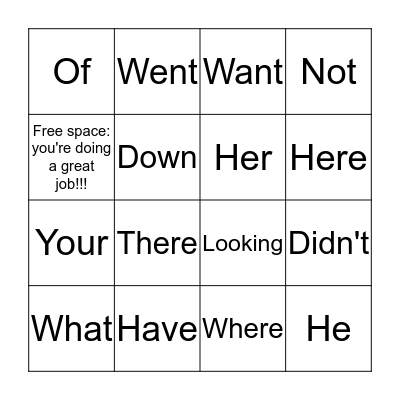 Sight Words Bingo Card
