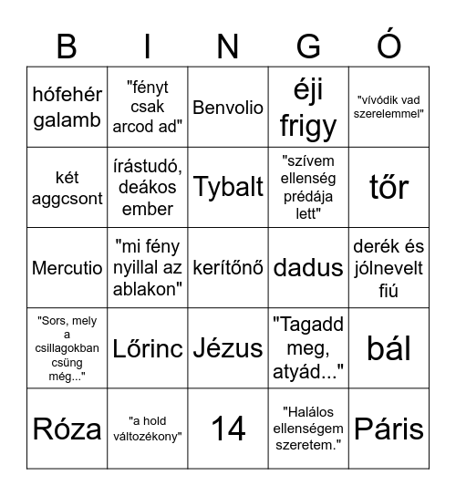 Romeo és Júlia Bingo Card