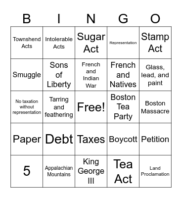 Causes of the American Revolution Bingo Card