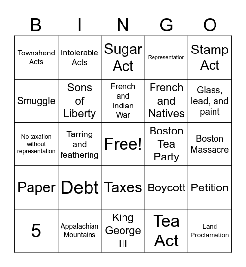 Causes of the American Revolution Bingo Card