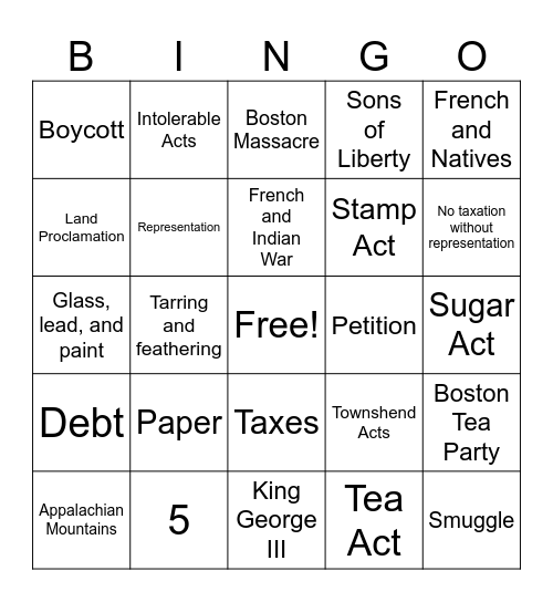 Causes of the American Revolution Bingo Card