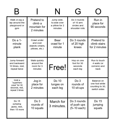 Active Middies Bingo Card