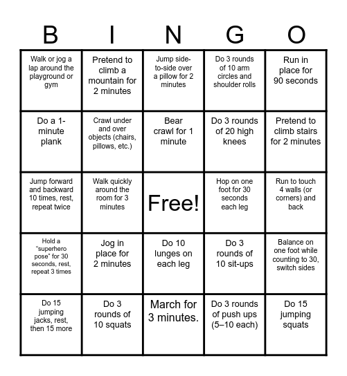 Active Middies Bingo Card