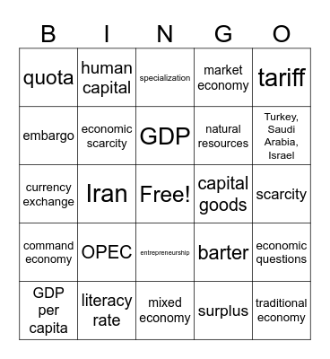 Economics of SW Asia Bingo Card