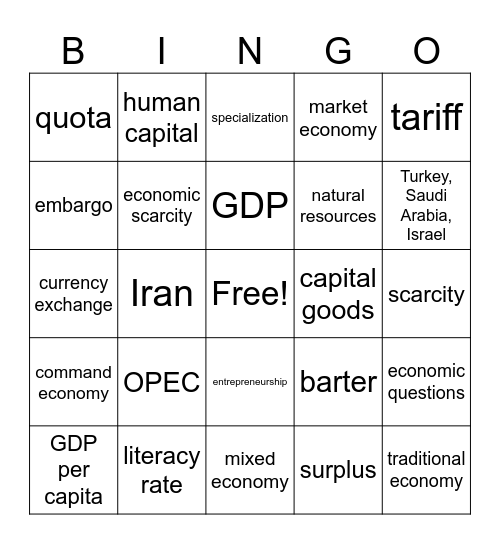 Economics of SW Asia Bingo Card