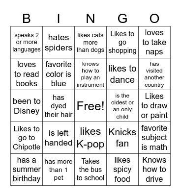 get to know you bingo Card