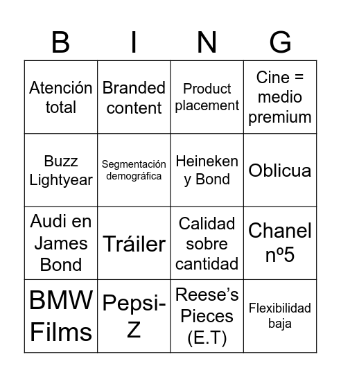 Bingo cine publicitario Bingo Card