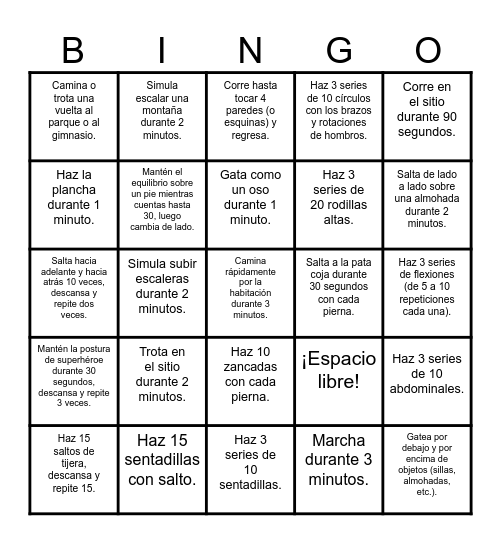 Active Middies Spanish Bingo Card
