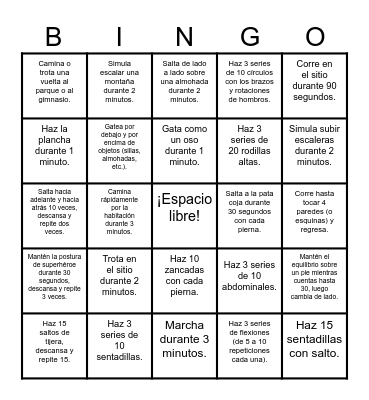 Active Middies Spanish Bingo Card