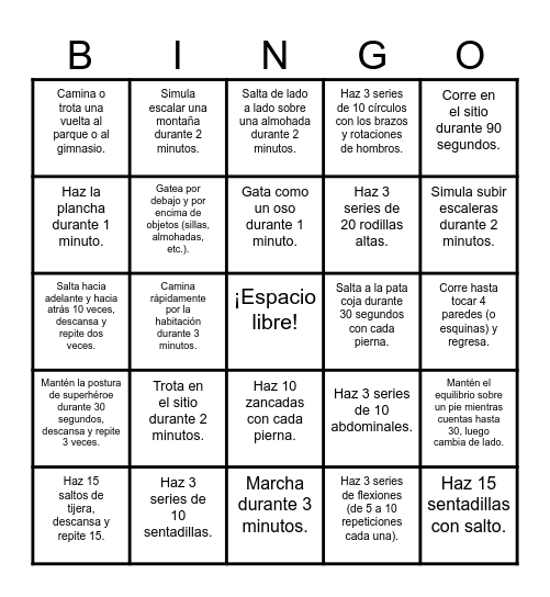 Active Middies Spanish Bingo Card