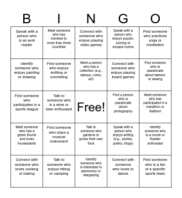 Hobbies or Interests Bingo Card