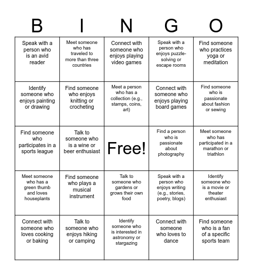 Hobbies or Interests Bingo Card
