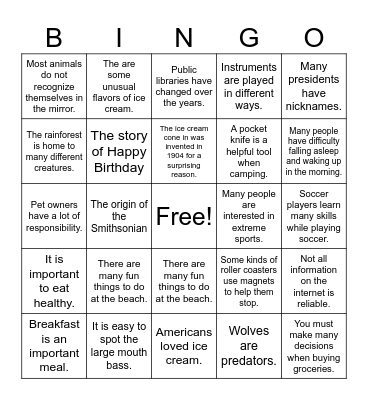 Main Idea Bingo Card