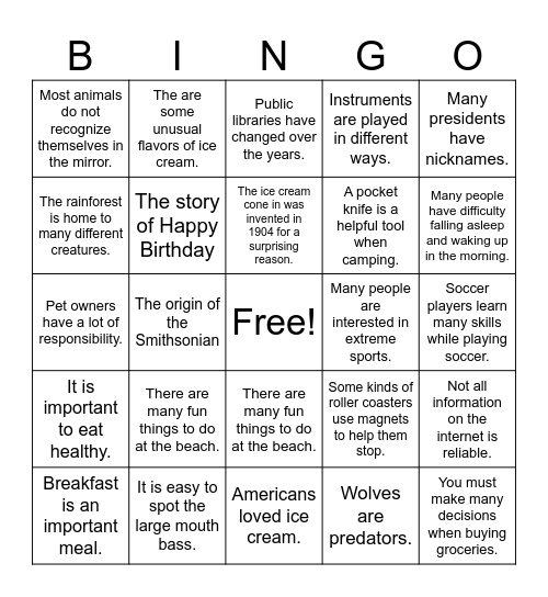 Main Idea Bingo Card