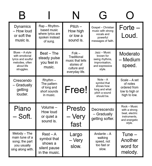 Music Appreciation Terms - 11/11/25 Bingo Card
