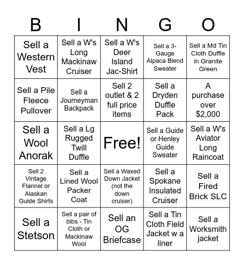 Filson Bingo Card