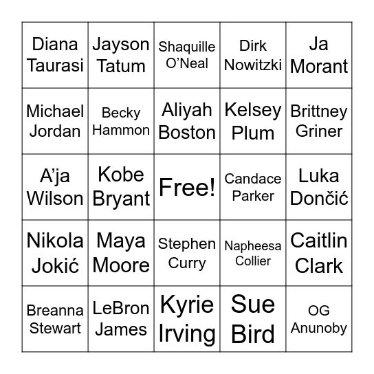 WNBA / NBA Bingo Card