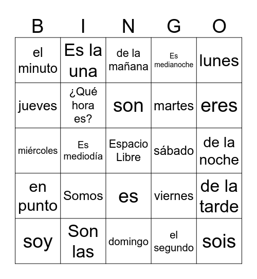 Vocabulario Bingo Card