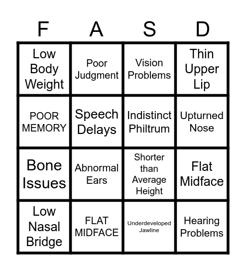 Fetal Alcohol Syndrome Bingo Card