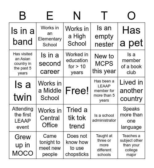 LEAAP OPEN HOUSE HUMAN BINGO Card