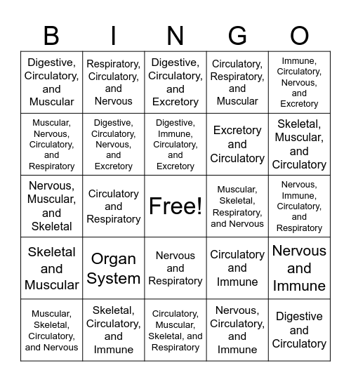 Human Body Bingo Card