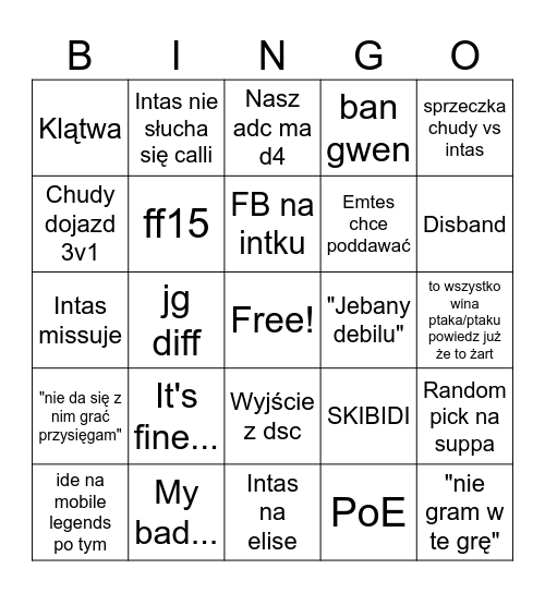 Disband Bingo Card