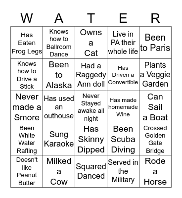 Y Water Warriors Christmas Bingo Card