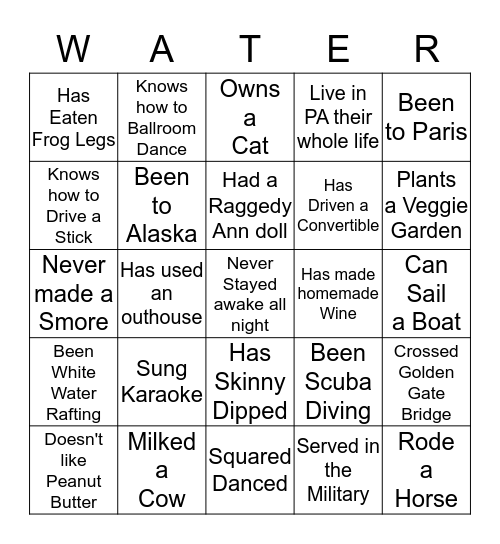 Y Water Warriors Christmas Bingo Card