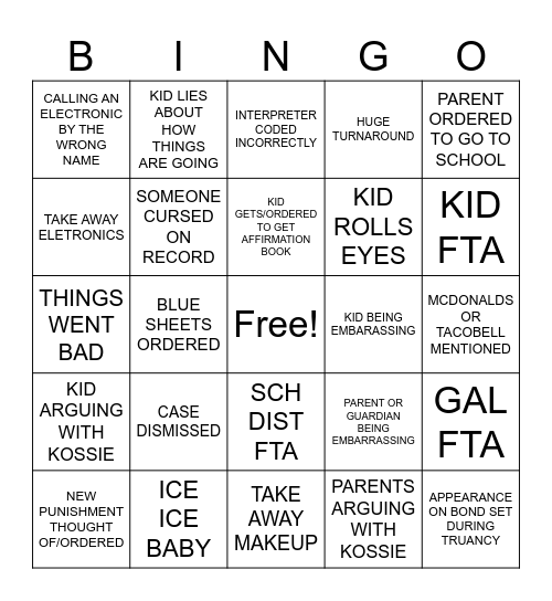 Truancy Bingo Card