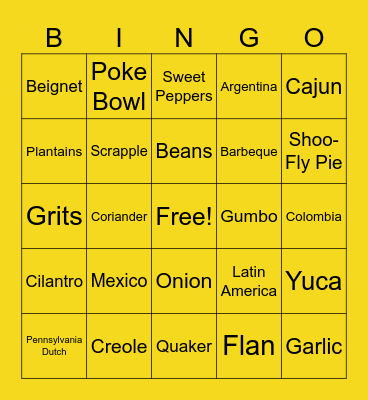 Unit 3 Topic 2: North American Cuisine Bingo Card