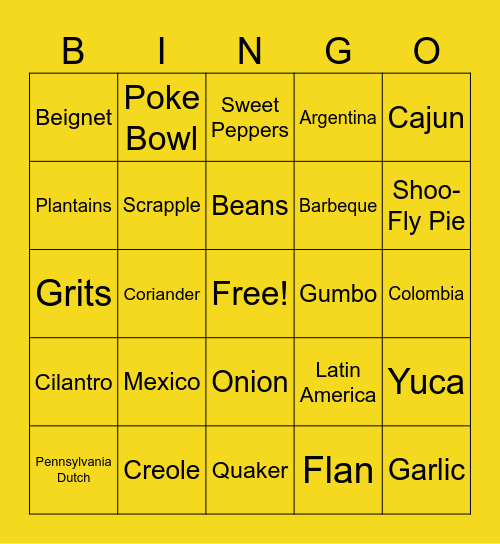 Unit 3 Topic 2: North American Cuisine Bingo Card