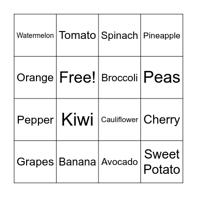 Fruit and Vegetable Bingo Card
