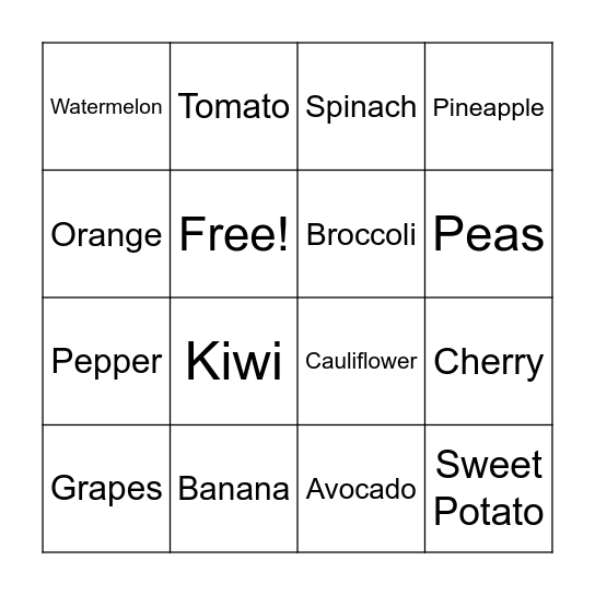 Fruit and Vegetable Bingo Card