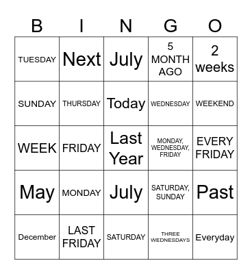 DAYS OF THE WEEK IN ASL Bingo Card
