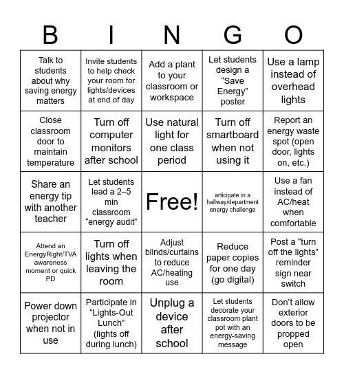 Community High Teacher/Staff Energy Saver Bingo Card