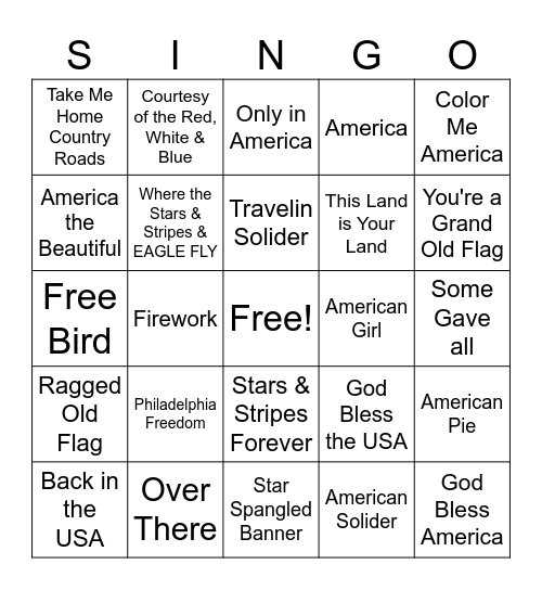 Patriotic Bingo Card