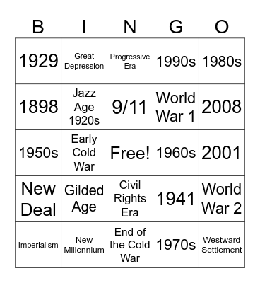 Eras in U.S. History 1877 to Present Day Bingo Card