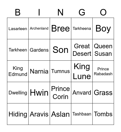 The Horse and His Boy Bingo Card