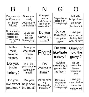 Thanksgiving Conversation Bingo Card